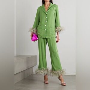 Sleeper green crepe de chine feather pajama set